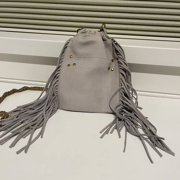 Jerome Dreyfuss Gray Pebbled Leather Fringe Trim "Small Gary" Crossbody Bag - Picture 4 of 5